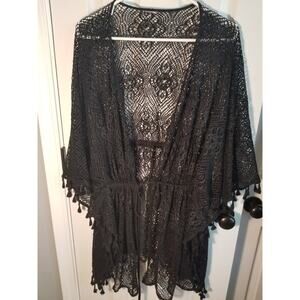 Swim Cover-up Women's M/L Black Crochet Tassels Tie Front Beachy Resort Wear